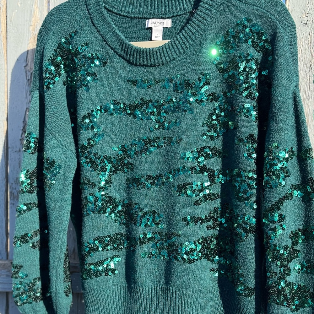 Nine West Holiday Knit Sweater Women’s Large Emerald Green Sequins 2023 Edition